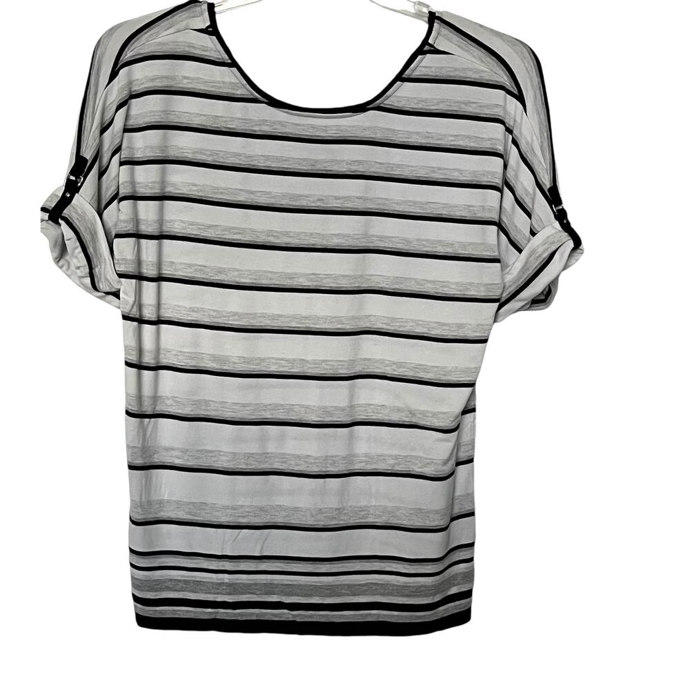 WHBM SHORT SLV, PULL-OVER, CREW NECK, TUNIC TOP, WOMENS, M, WHITE/BLACK STRIPES